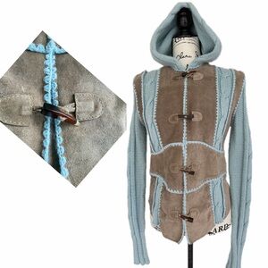 Y2k 90’s Luciano Abitboul Hooded Jacket Suede Wool Cable Knit Patch Sz M Hippie